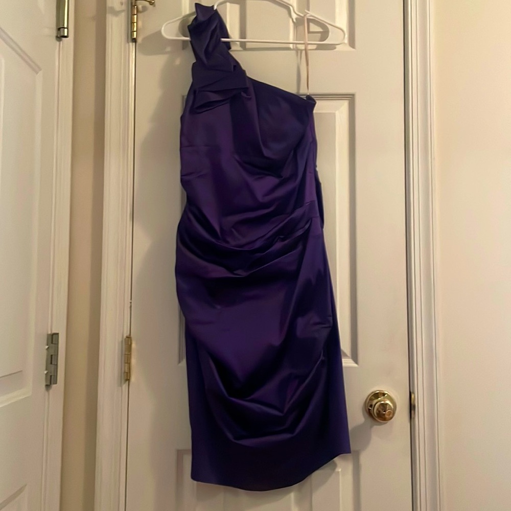 One shoulder purple satin cocktail dress